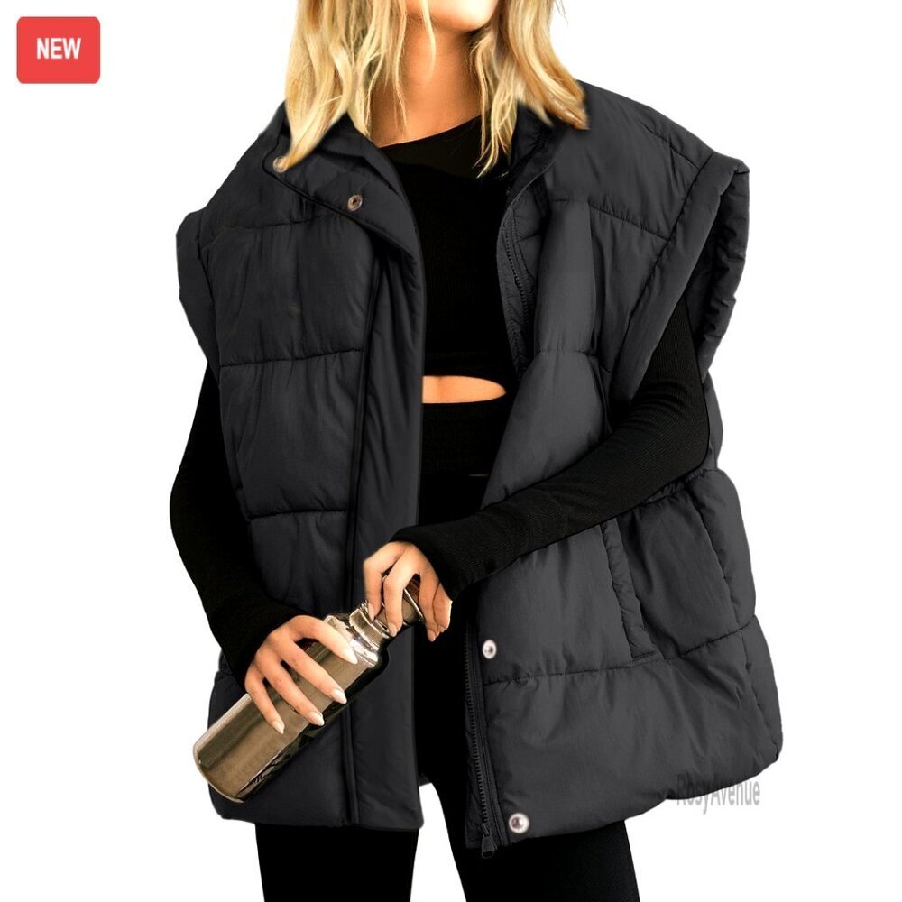 Oversized Puffer Vest Stand Collar Full Zip Sleeveless Quilted Warm Coat